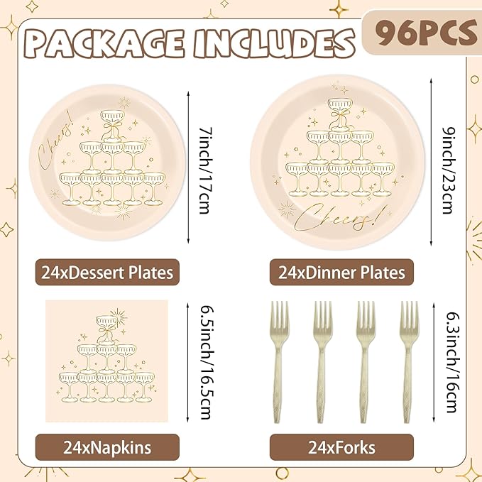 96PCS Champagne Tower Birthday Paper Plates Napkins Bachelorette Party Plates Cheers Champagne Gold Foil Disposable Dinnerware Tableware Sets for Wedding NYE Showers Supplies Decorations