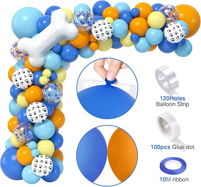 118 Dog Blue Party Decorations Birthday Supplies Paw Balloons Garland Arch Kit Backdrop Tablecloth Bone Balloon for Boys Girls Kids Theme Birthday Decor