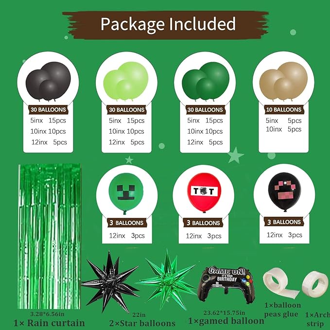 Pixel Game Birthday Party Decorations Supplies, Includes Green Brown Balloon Arch Garland Kit, Backdrop, Controller Foil Balloon, Star foil Balloons for Boys Pixel theme Birthday Party Supplies