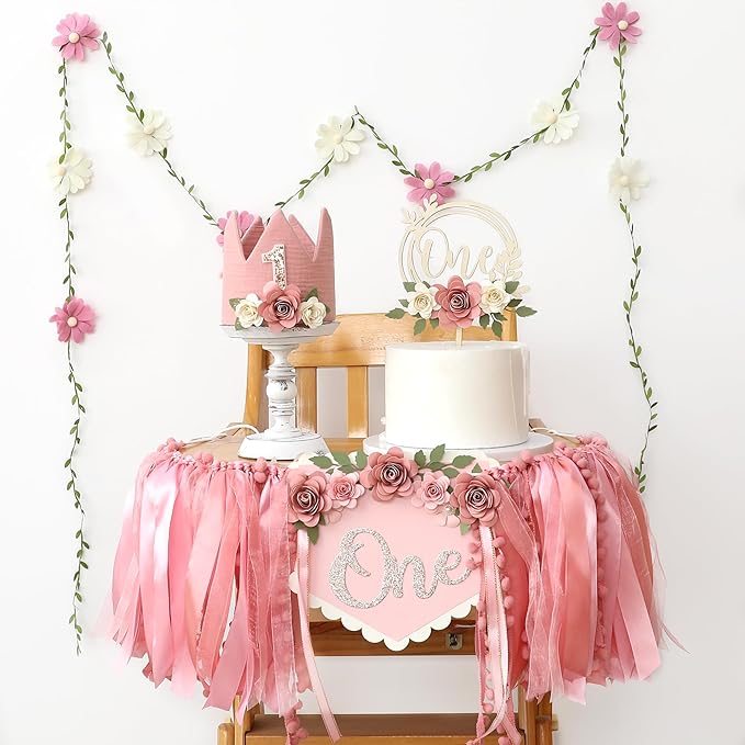 Wildflower 1st High Chair Banner Birthday Decorations For Girl Flower Cake Topper Hat Floral Theme Party Decoration