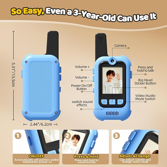 Video Walkie Talkies for Kids, 2 Pack Long Range Walkie Talkies with Screen & Voice Changer, Outdoor Toys for Boys Girls Ages 3-12, Family Games Birthday Gifts for Kids (Blue+Pink)