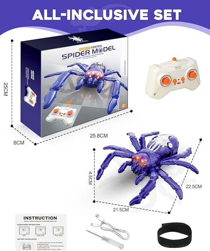 Wall Climbing Spider Toy for Kids, Dual Mode Floor & Wall Driving, Rechargeable Remote Control Robot, Climbs up Toys & Games, Halloween Christmas Birthday Gifts for Boys Girls Ages 4 & Up