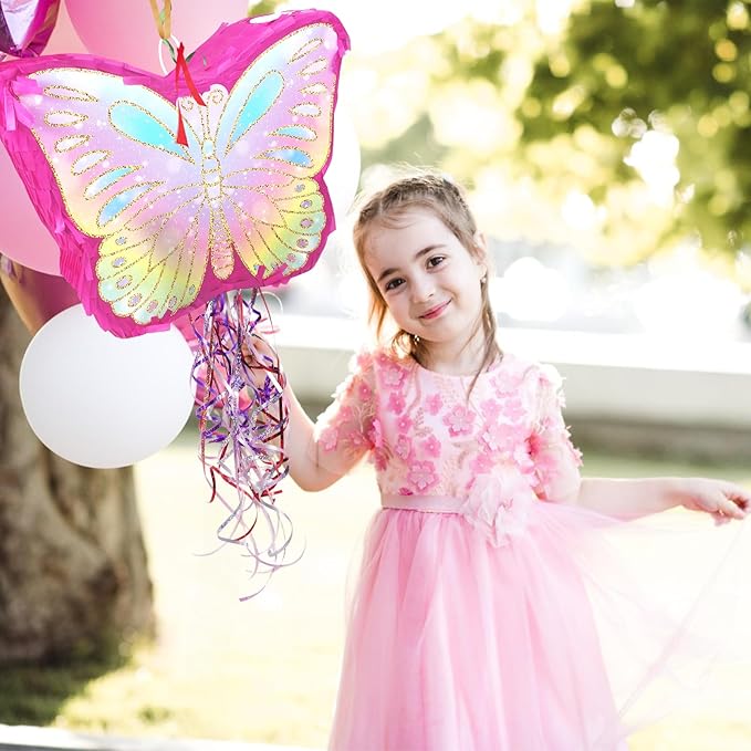 KiDEPOCH Butterfly Pinata for Birthday Party Supplies Colorful Pull String Butterfly Pinata for Girls Butterfly Themed Party Decoration, Small Pinata Party Supplies(16 x 12.6 x 4.2 In), Dark Pink