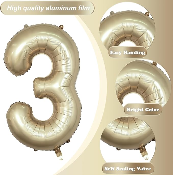 Large Light Gold 3 Balloons, 40 Inch Metallic Champagne Gold Helium Mylar Foil Globos Numero for Boys Girls, Self Inflating 3rd Birthday Balloon for Women Men Anniversary Party Decorations Supplies