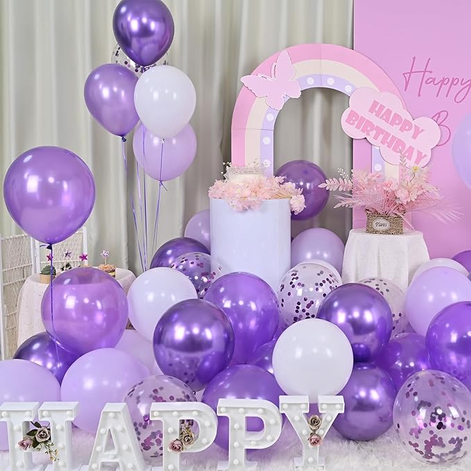 Togvu Balloon Purple and White, 60 Packs 12 Inch Dark Light Metallic Chrome Confetti Balloons Set for Girls Women Wedding Birthday Baby Shower Bridal Bachelorette Decorations