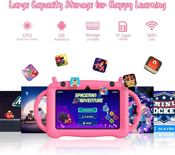 7 inch Tablet for Kids 2-10, Educational Learning Toddler Tablet Android 12 with Shockproof Case, 2GB RAM+32GB ROM, Parental Control, Dual Camera, Gift for Boy Girl