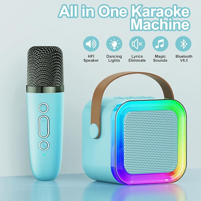 Mini Karaoke Machine for Kids & Girls with 1 Wireless Microphone, Portable Bluetooth Speaker, Christmas Birthday Gift Toy for Boys & Toddlers Ages 3, 4, 5, 6, 7, 8, 9, 10, 11, 12+ Years Old (Blue - 1)