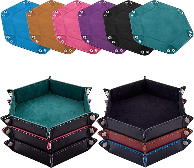 SIQUK 6 Pieces Dice Tray Hexagon Dice Rolling Holder Folding PU Leather Dice Trays for Dice Games Like RPG, DND and Other Table Games(Cyan, Black, Violet, Pink, Camel, Sky Blue)
