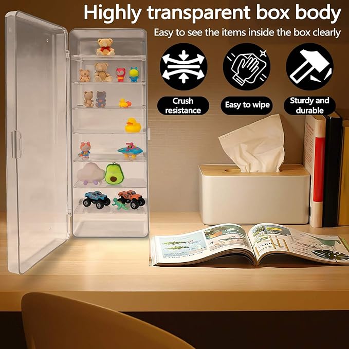 Huakaile Acrylic Clear Action Figure Display Case, 10.4'' x 3.8''/26.5 x 9.7 CM Display Case for Collectibles 8 Tier Movable Shelf Mini Storage Blind Box Cabinet Organizer Miniature Doll Showcase