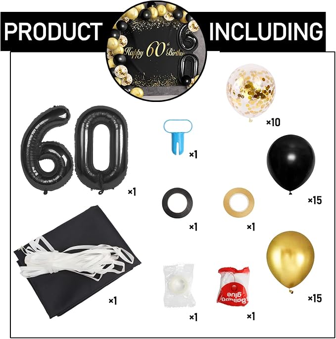 Happy 60th Birthday Balloons Black Set Decor - Cheers to 60 Years Old Party Theme Garland Banner Backdrop Decorations For Women and Men Supplies