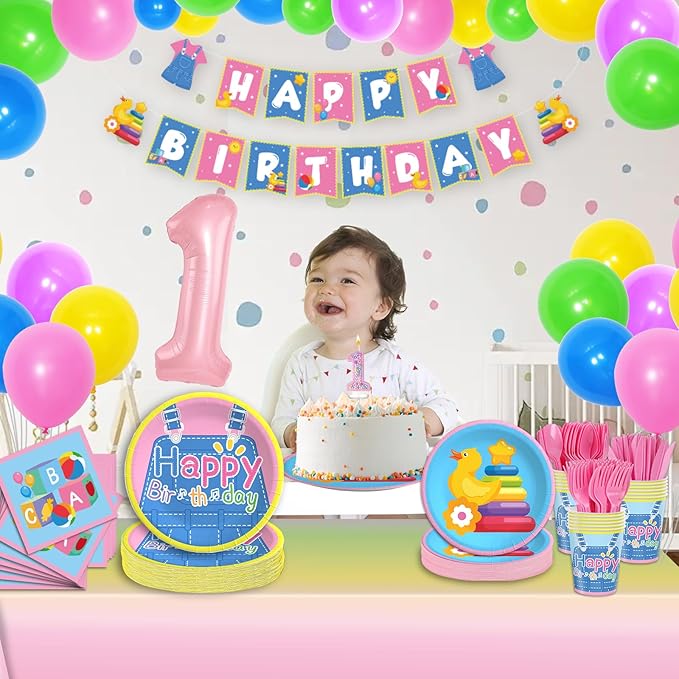 English Teacher Party Supplies, Fufuddz Rainbow Birthday Decorations Cartoon Teacher Party Plates and Napkins for Girls Boys 1st Birthday Banner Balloons Tablecloth Candle, Tableware Set for 24 Guests