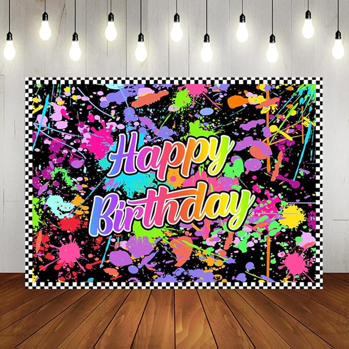 Lofaris Neno Glow in The Dark Birthday Backdrops for Photography Colorful Graffiti Splash Paint Party Background Slime Happy Birthday Theme Black Light Sleppover Party Decorations