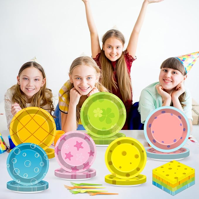 96Pcs Yellow Cartoon Party Plates and Napkins Cartoon Themed Party Decorations Ocean Paper Plate Under the Sea Animal Disposable Tableware Set for Boys Girls Birthday Decorations Baby Shower Serves 24