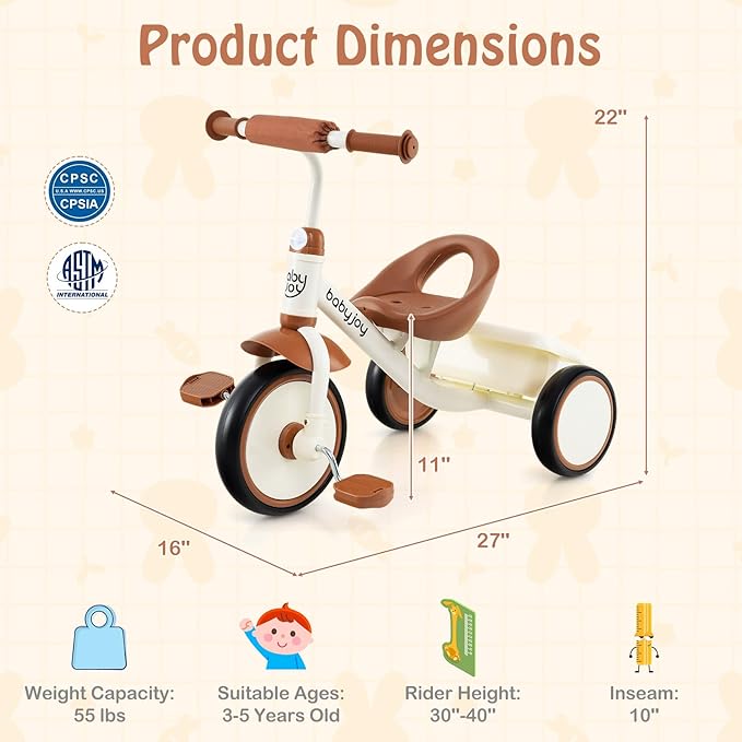BABY JOY Toddler Tricycle, Kids Trike with Adjustable Seat and Storage Basket for Boys Girls Indoor and Outdoor Riding, Toddler Trike for Baby 3-5 Years Old (Beige)