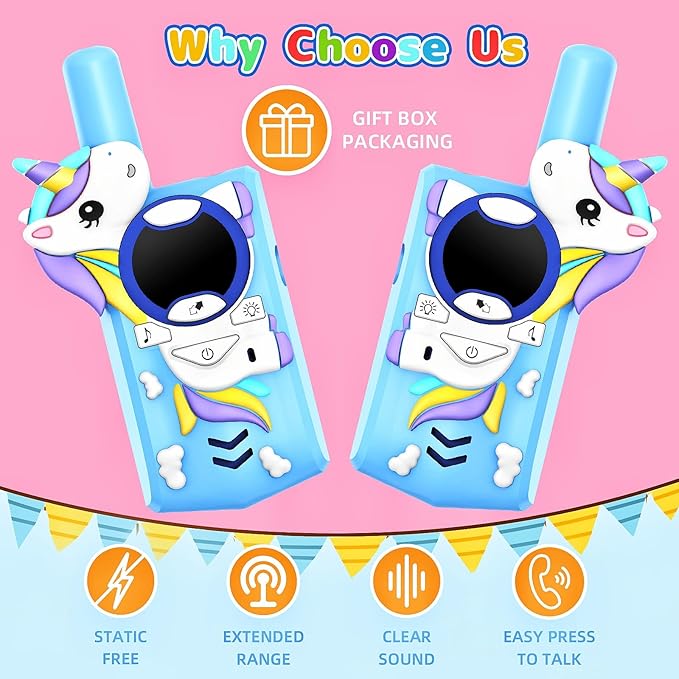Unicorn Kids Walkie Talkies Rechargeable, 2 Miles Range 3 Channels 2 Way Radio, Birthday Gifts for Boys Girls,Family Games Outdoor Hiking Camping,3-12 Years Old Toys (Blue)