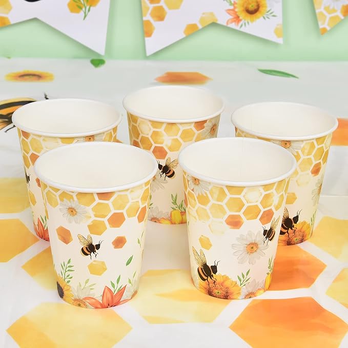 WERNNSAI Bee Birthday Decorations - 64 PCS Bee Plates Napkins and Cups Honeybee Baby Shower Decorations Paper Plates Cups Napkins Dinnerware for Kids Boys Girls Birthday Serves 16 Guests