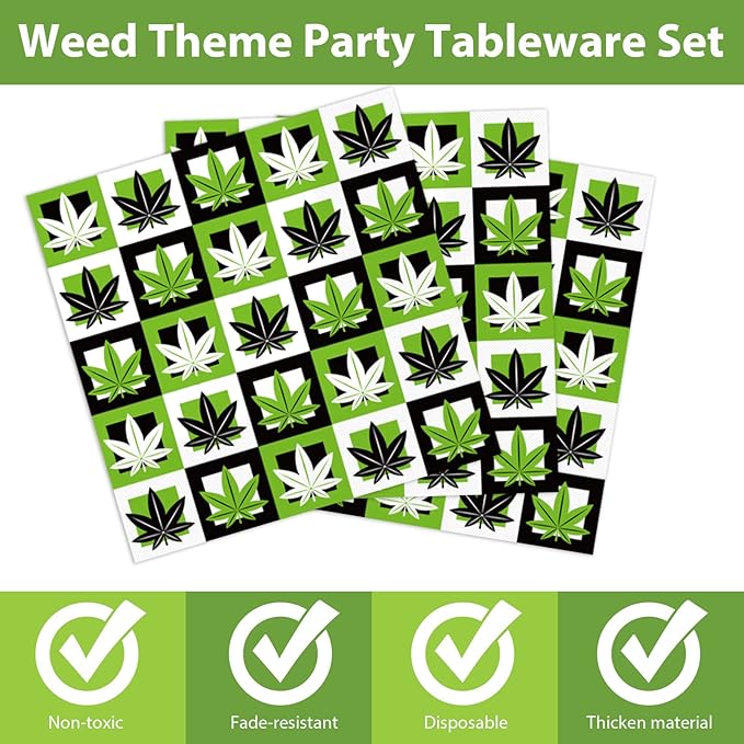 Gisgfim 98 Pcs Weed Themed Party Supplies - Green Pot Leaves Birthday Party Plates, Tablecloth & Decorations for Adults - Tableware Paper Forks, Napkins & Plates for 24 Guests
