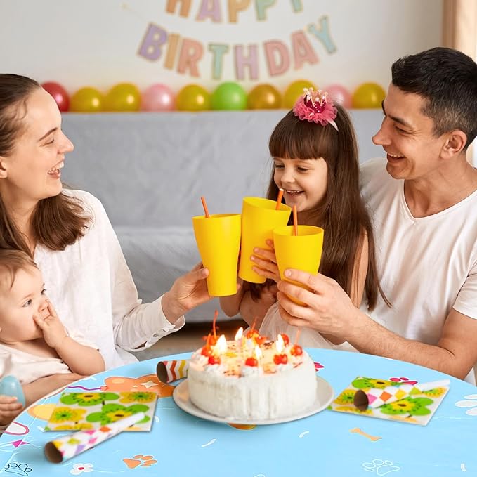 Oudain 3 Pack Blue Dog Party Tablecloth Dog Them Birthday Decor 108'' × 54'' Blue Yellow Plastic Table Cloth Puppy Paw Prints Bone Disposable Rectangle Table Cover for Baby Shower Party Supplies