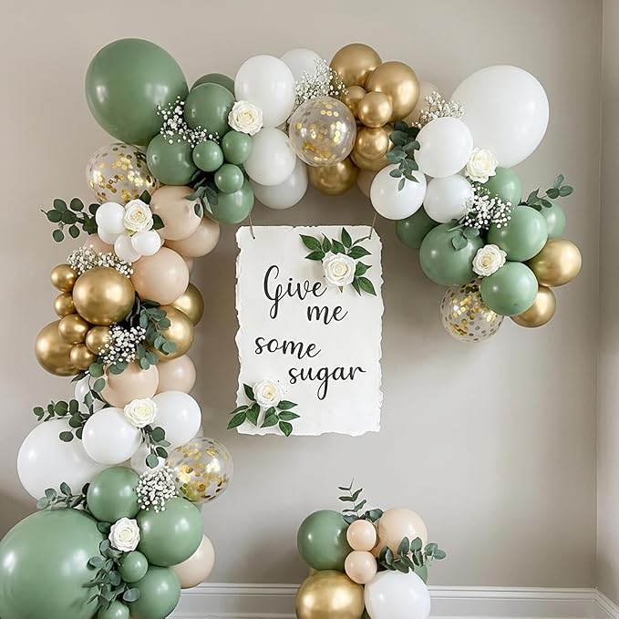 RUBFAC Sage Green White Gold Balloon Garland Arch Kit 129pcs Different Sizes Pack of 18 12 10 5 Inch, Latex Sand White Cream Confetti Gold Balloon Garland Arch Kit for Birthday Engagement Wedding