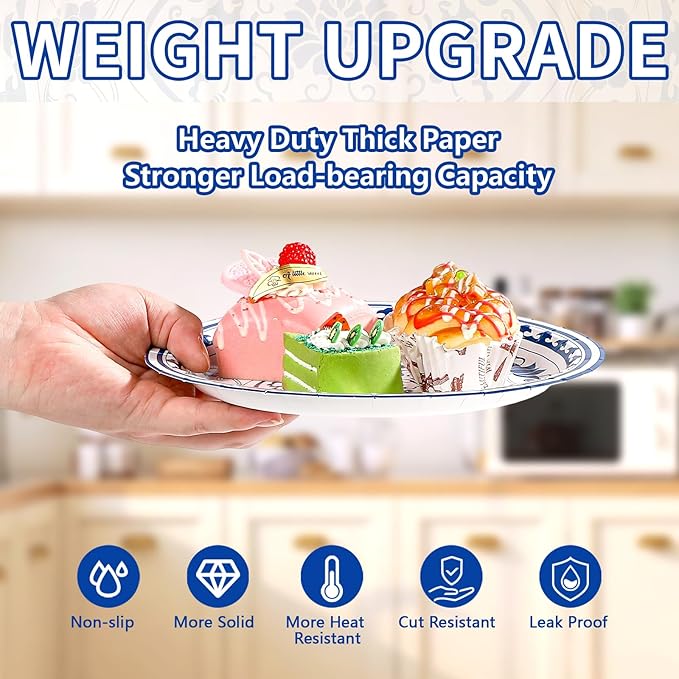 60Pcs Blue and White Flower Party Paper Plates 9 Inch Disposable Heavy Duty Blue White Chinoiserie Floral Dessert Plates Vintage Porcelain Decorations for Wedding Baby Shower Birthday Party Supplies