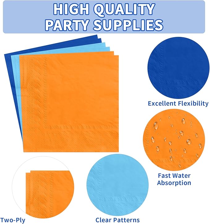 96Pcs Blue Theme Dog Birthday Party Decorations Blue Orange Dog Birthday Plates and Napkins Tableware Set Orange and Light Navy Blue Decoration for Boys Girls Cartoon Bday Party Supplies Serves 24