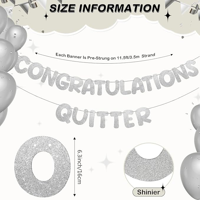 Fulmoon Pre Strung Congratulations Quitter Glitter Banner Funny Retirement Banner Graduation Party Decorations Going Away Supplies Garland for Men Women Gifts, No DIY(Silver)