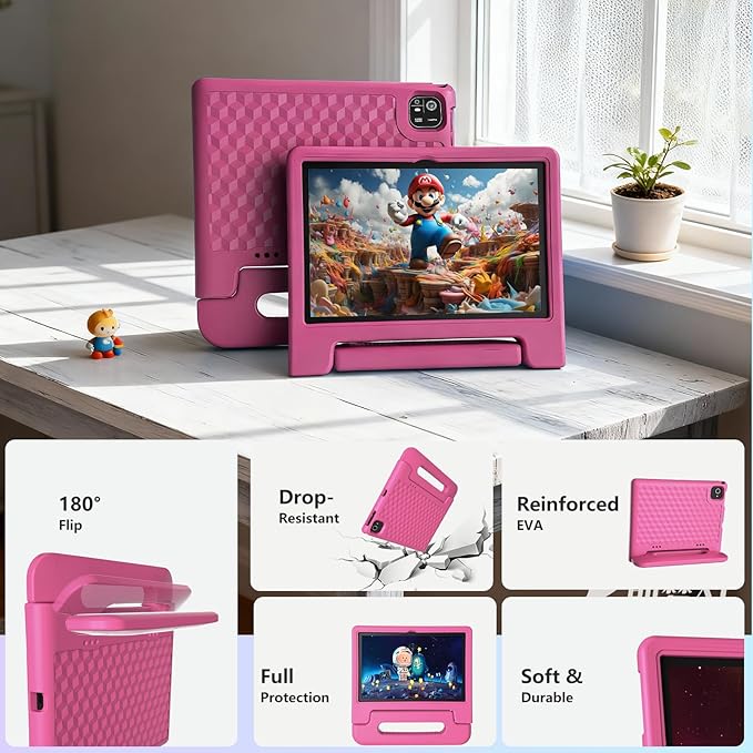 2025 Latest 10.1 inch Kids Tablet Android 15 Tablets for Kids with EVA Protective Case 8GB RAM 64GB Storage Toddler Tablet, Parental Controls, 12-hr Battery, WiFi, GPS, Pink