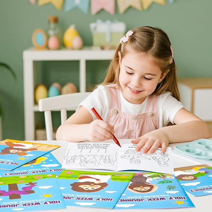 Easter Coloring Books for Kids - 24Pcs Bulk Holy Week Journey Mini Coloring Booklet Religious DIY Art Drawing Book for Toddlers Spring Easter Holiday Party Goodie Bags Stuffers Sunday School Classroom