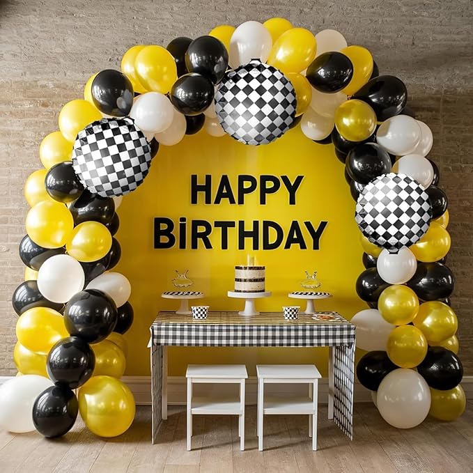 Black White Yellow Balloon Arch Kit,Balloons Garland Kit with Black White Checkered Star Balloons for Boys 1st Birthday Party Decorations