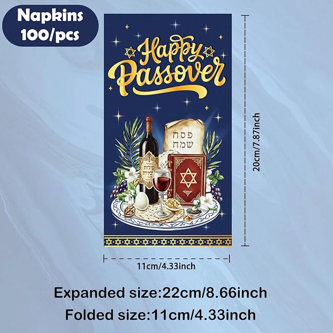 100Pcs Happy Passover Napkins - Passover Party Decorations Jewish Festival Theme Supplies Disposable Luncheon Dinner Napkins 7.8" x4.3" for Home Office Kitchen Table Decor