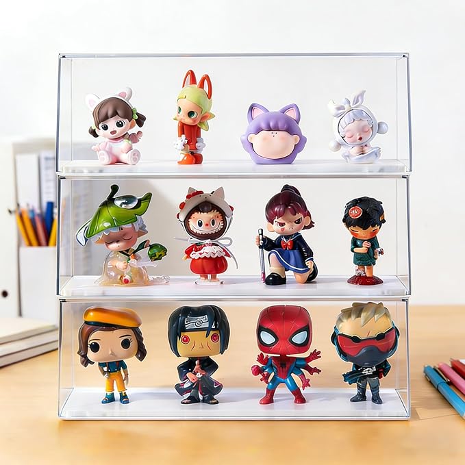 2 Pack Clear Acrylic Figures Display Case Stackable Box with Base, Dustproof Protector for Anime Figurine, Collectibles, Funko Pop, Model Cars - Home Office Display Showcase