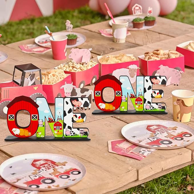 Farm Animal ONE Letter Sign Table Centerpieces for 1st Birthday Decorations,One Year Old Birthday Supplies Favors Baby Shower Party Photo Booth Props(2 Set)
