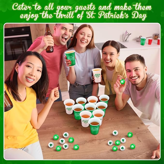 Pickmesh 30 Pack St. Patrick's Day Party Game Set, 22 Pack 16 oz St Patricks Day Plastic Beer Cups and 8 Pack 1.5in Green Shamrocks Balls Beer Game Set for Irish Festival Party Games Favors