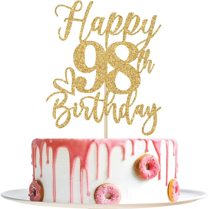Happy 98th Birthday Cake Topper, 98th Birthday Decorations for Men/Women, Cheers to 98 Years, 98 Fabulous, 98th Happy Birthday Party Supplies Gold Glitter