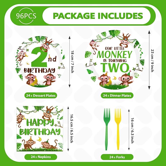 96Pcs Monkey 2nd Birthday Decorations Jungle Wild Animal Plates and Napkins Monkey Theme Disposable Paper Tableware Set for Boys Girls Two Years Old Birthday Party Supplies Serves 24