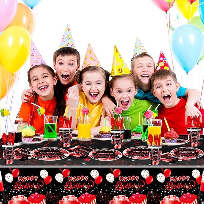 81PCS Red and Black Birthday Party Tableware Supplies Set, Red Party Confetti Sprinkles Happy Birthday Party Decorations