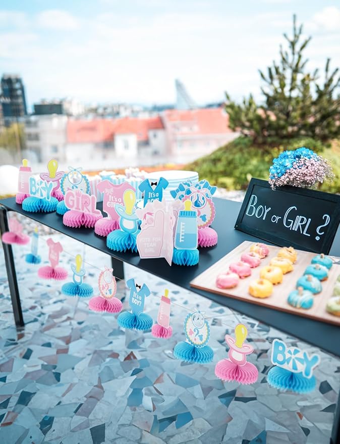 12 Pcs Baby Gender Reveal Table Decorations, Boy or Girl Centerpieces for Tables Honeycomb Centerpieces Blue and Pink Table Decor for Baby Shower Pregnancy Announcements Newborn Party Supplies
