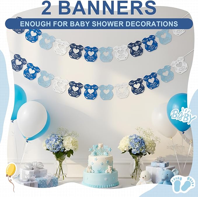2 Pack Cielito Lindo Papel Picado Baby Shower Banner Decoration, Mexican 24 Pcs Bodysuit Card with Hanging String Fiesta Garland for Gender Baby Shower Party Supplies (Novel Color)