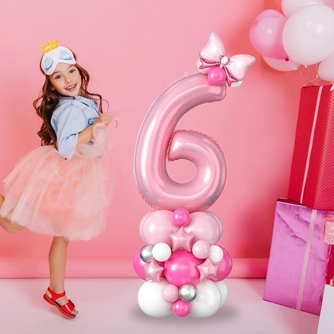 40 Inch Pink Number 6 Balloon for 6th Birthday Decorations Pastel Baby Pink Number Six Foil Balloon Tower Giant Large Digit Hot Pink White Helium Balloons Stack Stand for Girls Anniversary Party