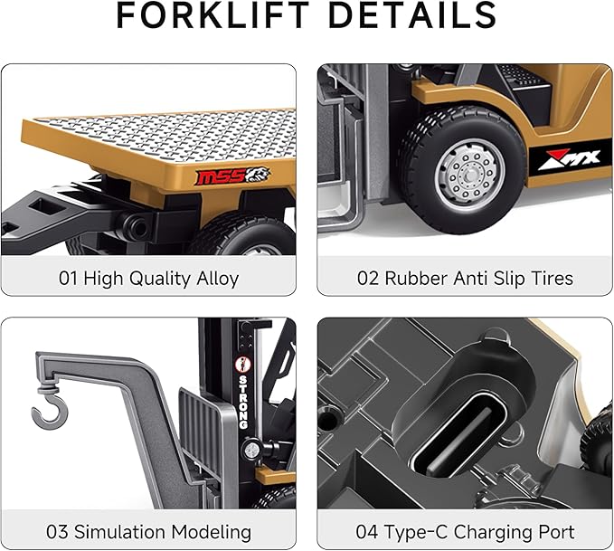 BRRRRT 1/64 Full Proportional RC Forklift Toy,8 Channel 2 Mode Mini Remote Control Forklift Truck with Flatbed Tow Truck,2 in 1 Transformable Lift Fork & Hook with Rechargeable Battery for 4+ Kids