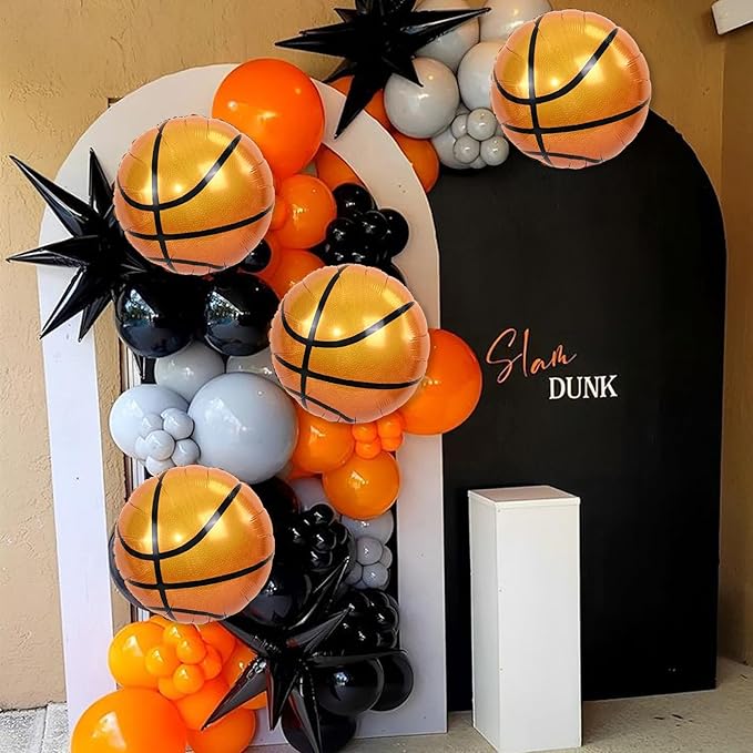18 Inch Basketball Balloons Decor, 4PCS Orange and Black Basketball Foil Balloon for Party Decorations, Mylar Sport Balloons for Boys Men Sports Theme basketball Birthday Party Decorations Supplies