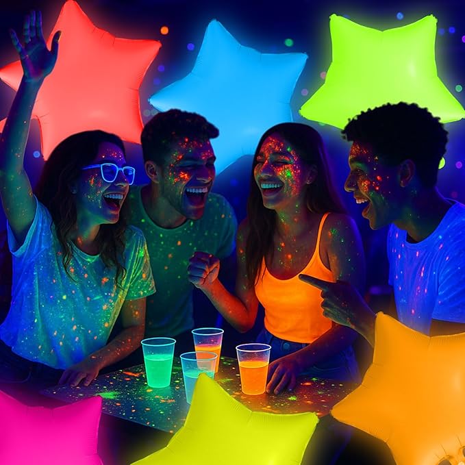 12 Pcs 22 Inches Star Glow in the Dark Neon Balloons Glow Party Supplies Neon Foil Balloons 90 80s Hip Hop for Halloween Christmas Birthday Wedding Anniversary Backdrop Decor