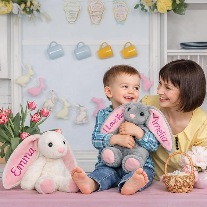 Personalized Bunny Stuffed Animals,Baby Easter Basket Stuffers,Custom Plush Bunny with Embroidered Child’s Name, Baby Girl Boy Gift, Handmade Children Easter First Birthday Plushie Gifts
