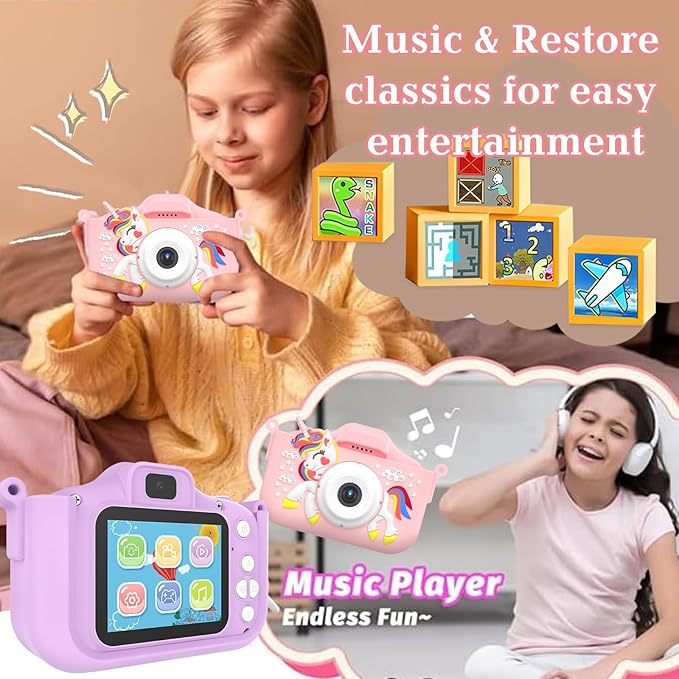 Kids Camera for 3-9 Year Old Boys Girls, Children Digital Camera with Cute Cartoon Soft Cover & 32GB SD Card, Best Christmas Birthday Gifts for Grandkids, Halloween Party Favors for Kids - Pink