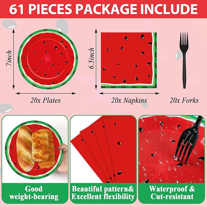 gisgfim 20 Guests Watermelon Party Supplies Watermelon Party Plates Tableware Set Children's Melon Decorations Favors Disposable 7-Inch Plates Napkin Tablecloths for Summer Melon Birthday Baby Shower