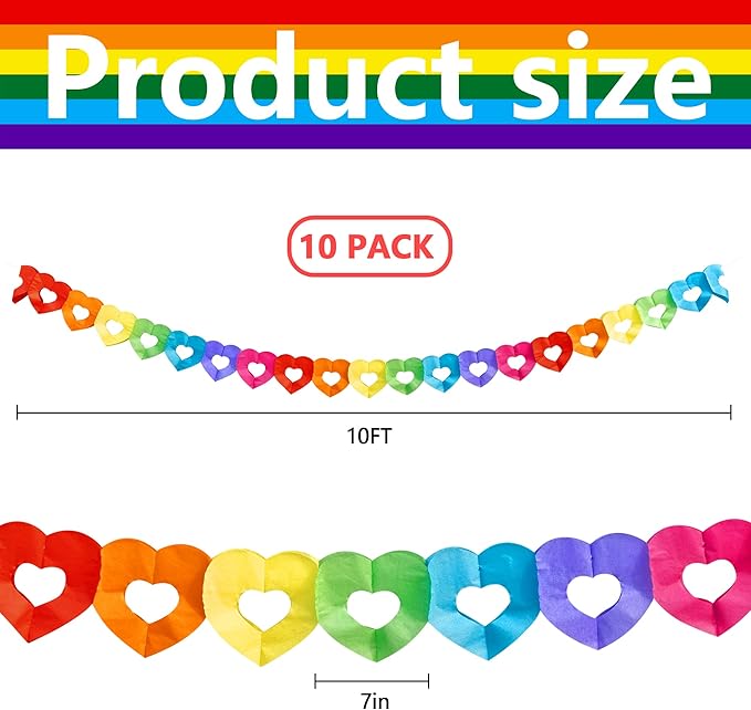 Tlswshsy 10 Pieces Colorful Rainbow Heart Banner - 100 Feet Colorful Rainbow Gay Pride Paper Garland - Heart Shape Hanging Decorations for Birthday Party Wedding Parades Celebration