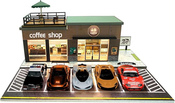 1/64 Model Car Display Shop Case for Adults, Premium in-House-Design Scale Diecast Parking Garage for Toy Cars, Toys Car Garage, Scenic Diorama Display Car Park with ith LED Lamps, Gifts for Men