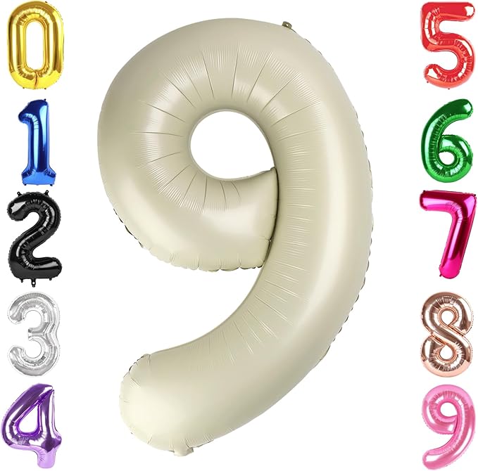 40 Inch Cream Number 9 Balloon, Giant 9 Number Balloons for 9th Birthday Decorations, Party Supplies for Baby Boy Girl, Cream Party Decor