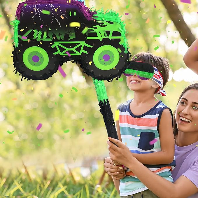 Green and Purple Monster Truck Pinata Car Pinata with Stick and Blindfold for Kids Boys Monster Truck Racing Car Birthday Party Supplies Decorations Carnival Party Favors(15.75*11*2.36 Inch,Small)