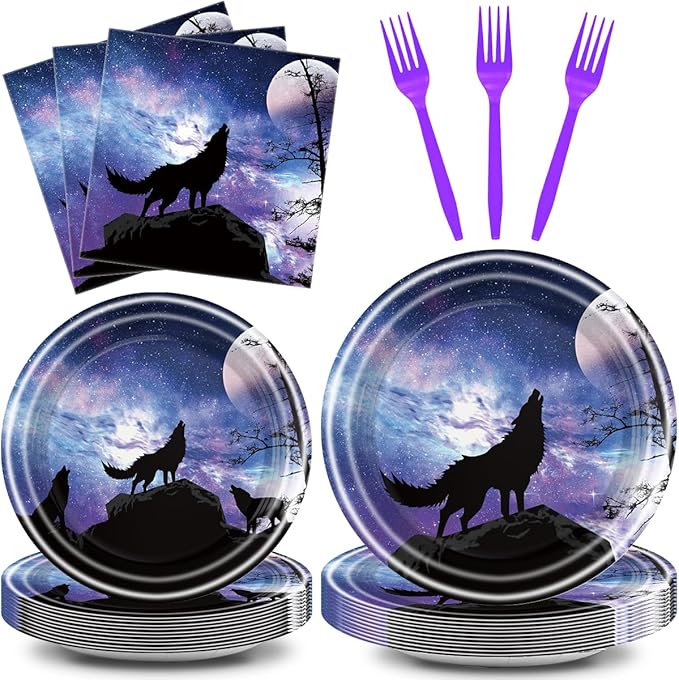 Wolf Birthday Party Tableware, Wolf King Party Supplies, Galaxy Wolf Birthday Decorations Wolf Theme Paper Plate